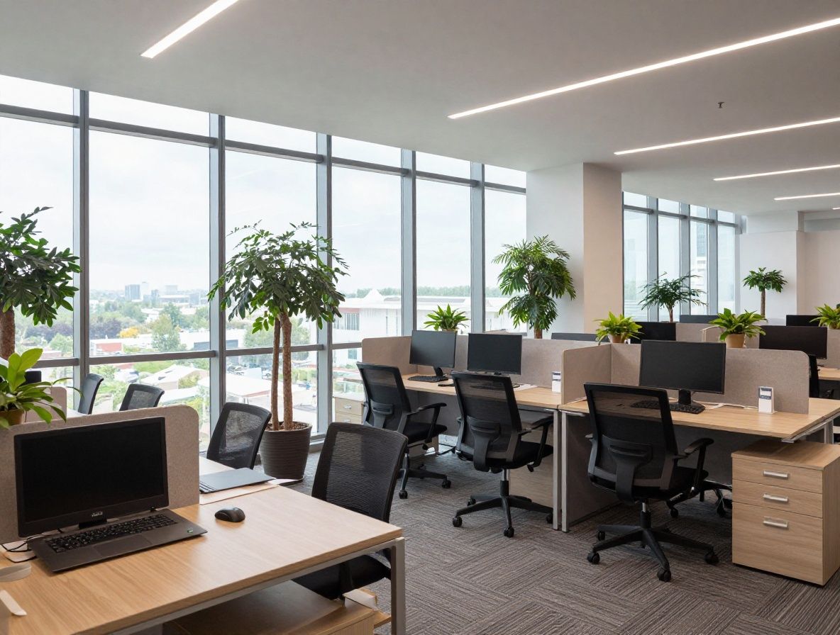 Уютный современный офис Renvora в Карагандинском технологическом парке с рабочими столами, растениями и большими панорамными окнами