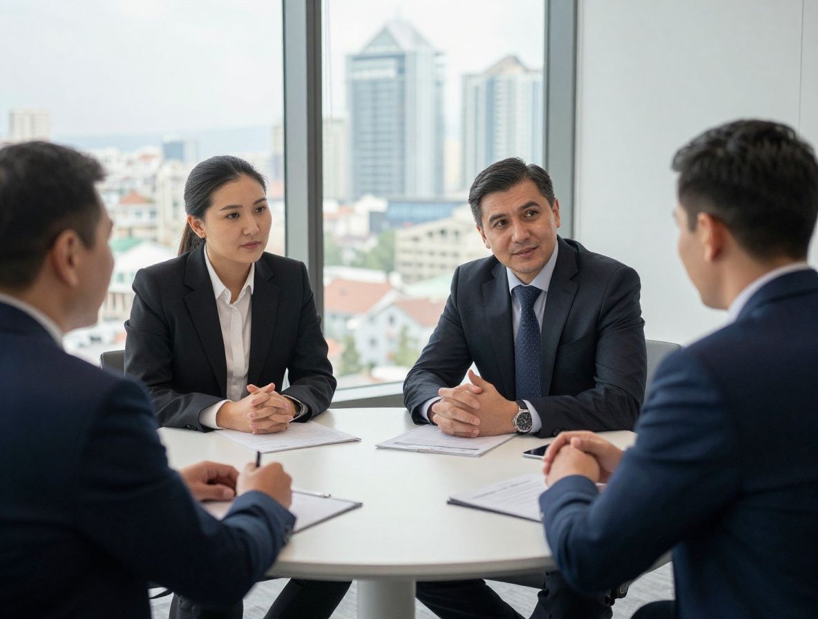 Команда Renvora — четыре профессионала обсуждают стратегию за круглым столом в современном офисе с видом на город Алматы