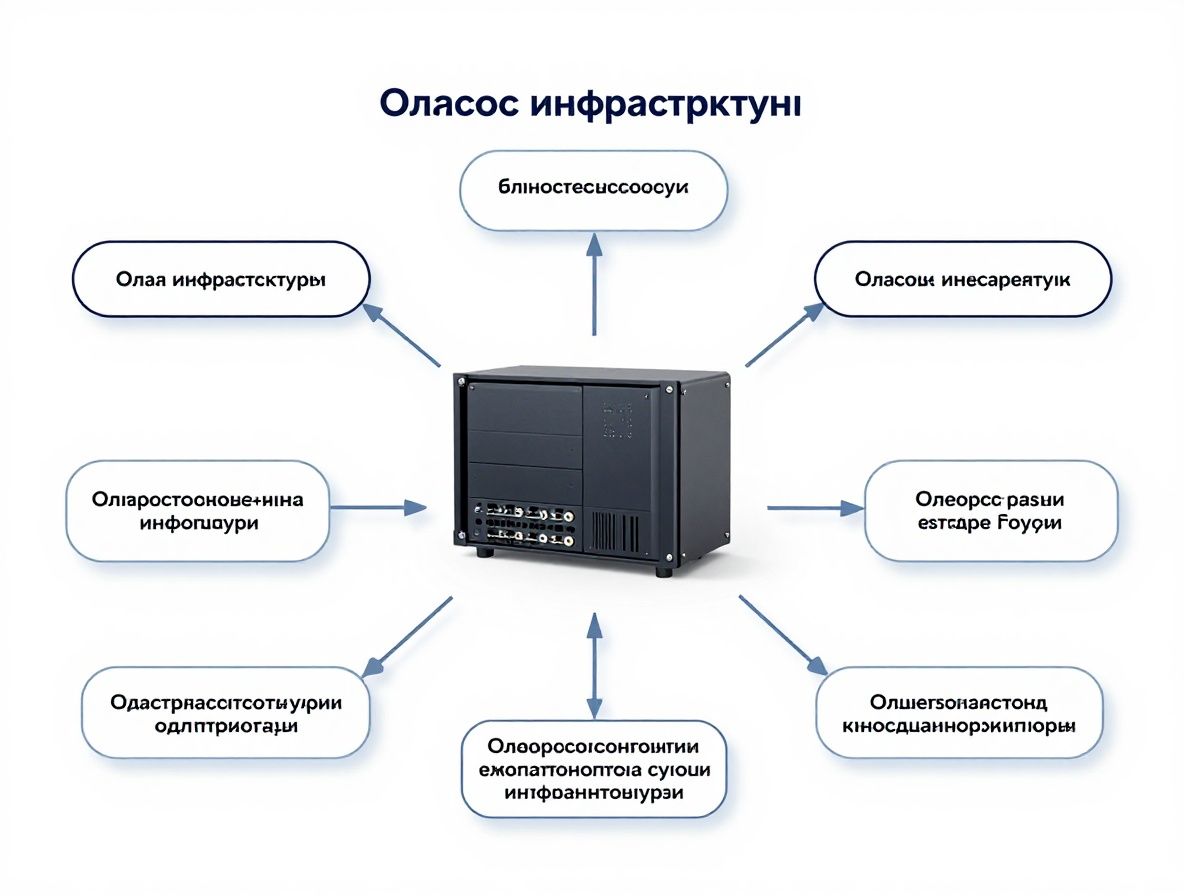 Абстрактное изображение облачной инфраструктуры с сервером и соединёнными узлами на синем градиентном фоне