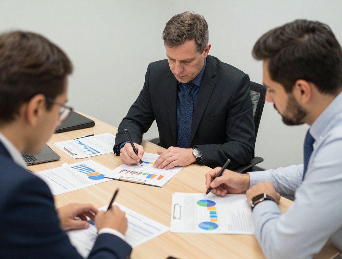 Три профессионала за конференц-столом анализируют цветные графики на планшете и ноутбуке, встреча по бизнес-аналитике