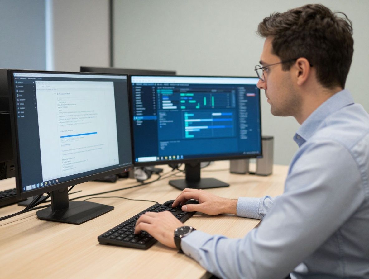 Специалист по кибербезопасности в тёмном офисе работает с несколькими экранами, отображающими защитные системы мониторинга