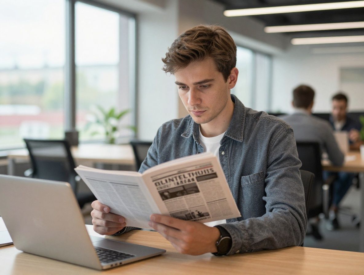 Молодой специалист читает новости технологий на планшете в современном коворкинге с панорамными окнами