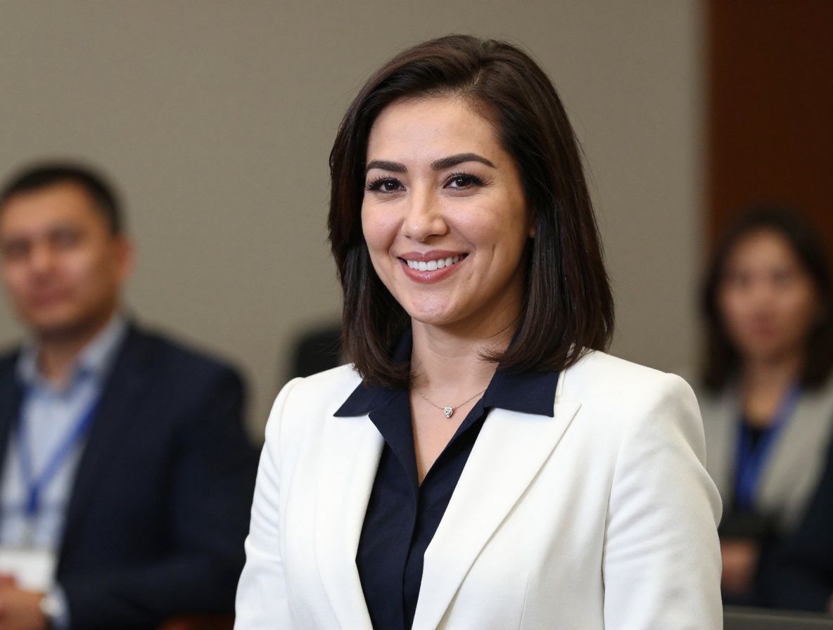 Портрет молодой женщины с улыбкой, маркетолог из Астаны в деловой одежде