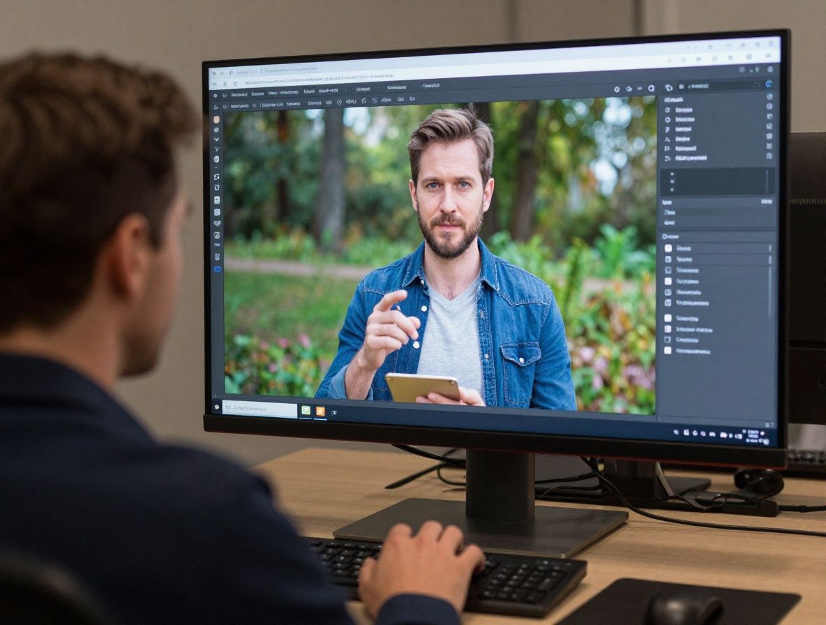 Человек работает с интерфейсом искусственного интеллекта на большом мониторе, алгоритмы машинного обучения визуализированы на экране