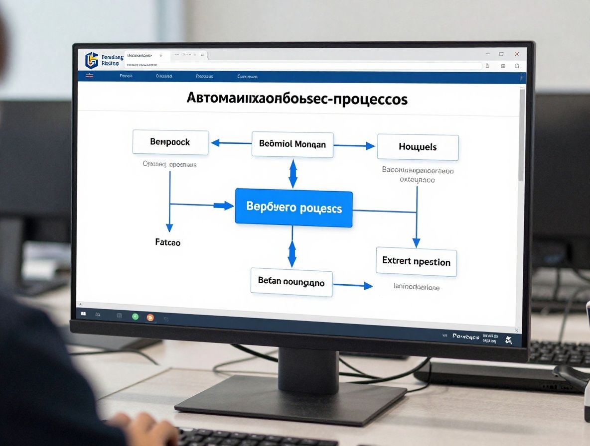 Схема автоматизации бизнес-процессов на экране монитора с соединёнными иконками сервисов и стрелками рабочего процесса