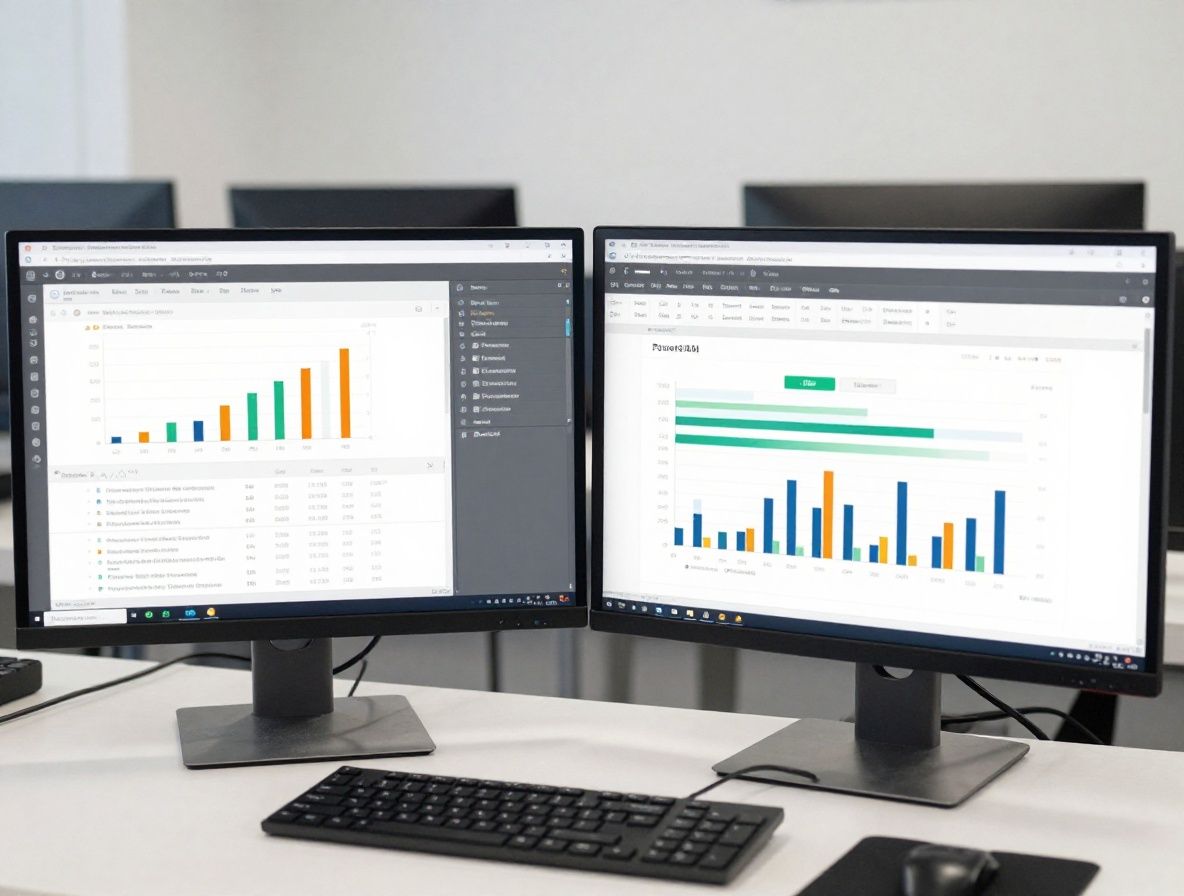 Рабочий стол аналитика данных с несколькими мониторами, отображающими таблицы, диаграммы и графики Power BI