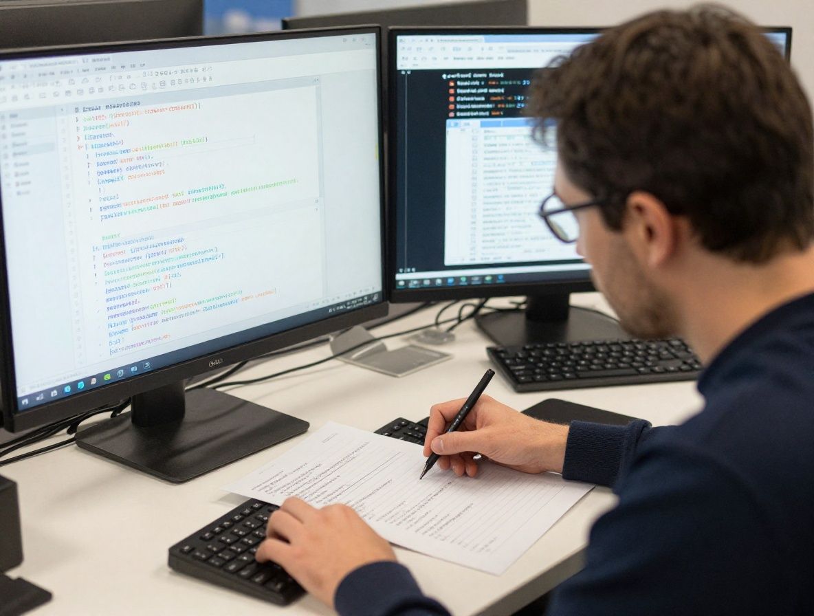 Учёный-программист перед двойным экраном изучает модели машинного обучения с Python кодом и графиками точности модели