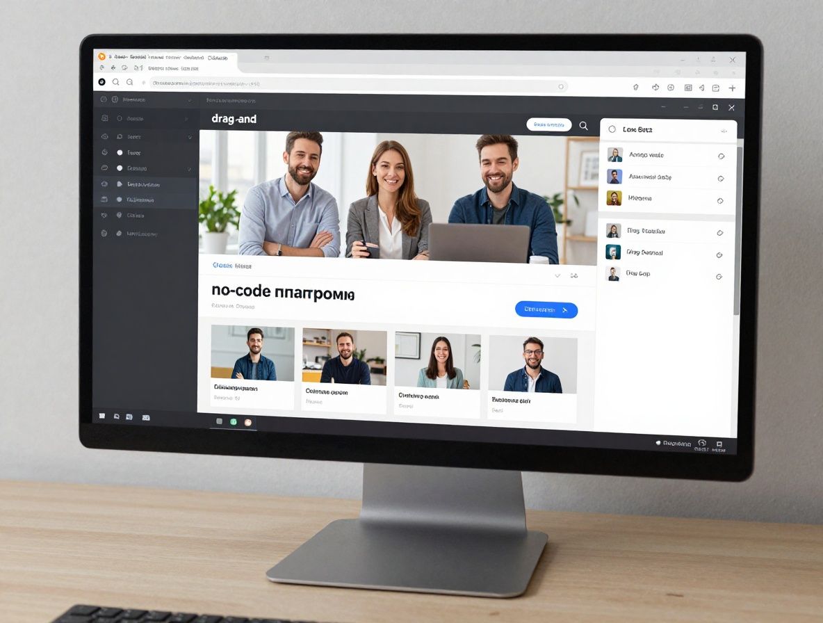 Экран компьютера с интерфейсом no-code платформы для создания веб-приложений с drag-and-drop элементами