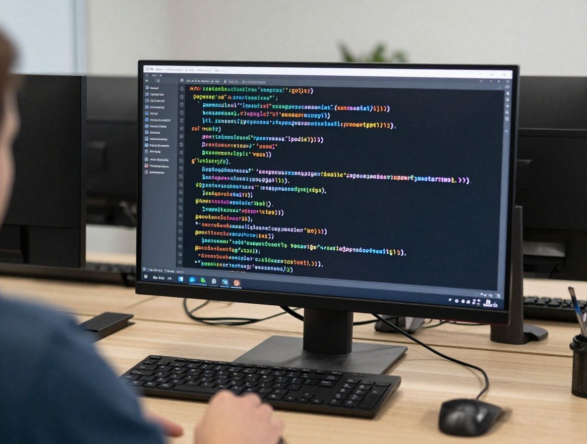 Экран монитора с кодом и значками замков, символизирующими кибербезопасность и защиту данных в корпоративной среде