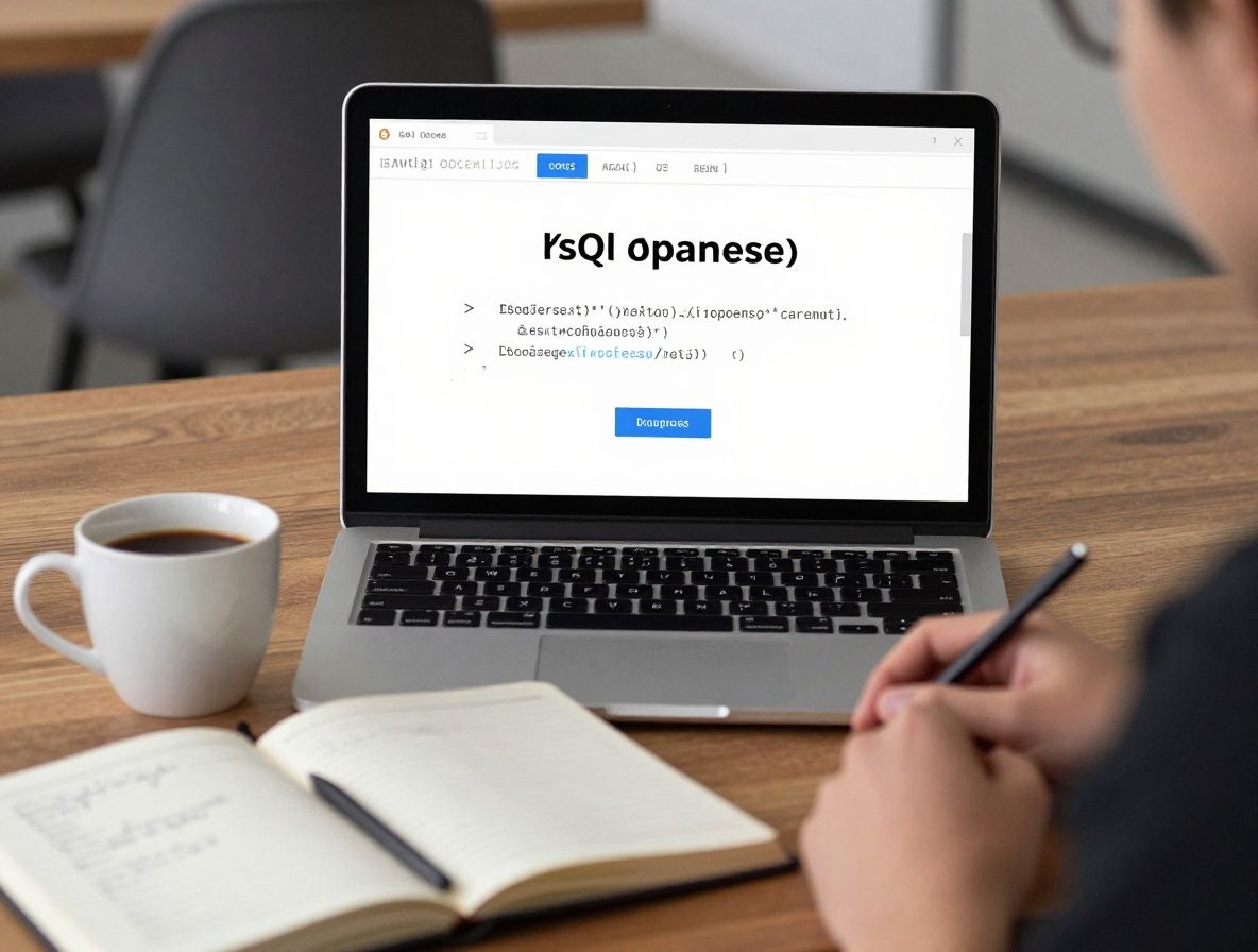 Код SQL-запроса на экране ноутбука рядом с кружкой кофе и блокнотом с записями, уютная рабочая атмосфера разработчика