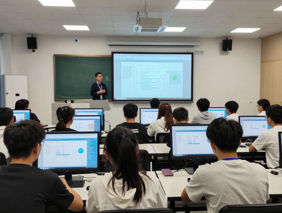 Современный учебный класс с интерактивными экранами, студенты изучают цифровые технологии и искусственный интеллект