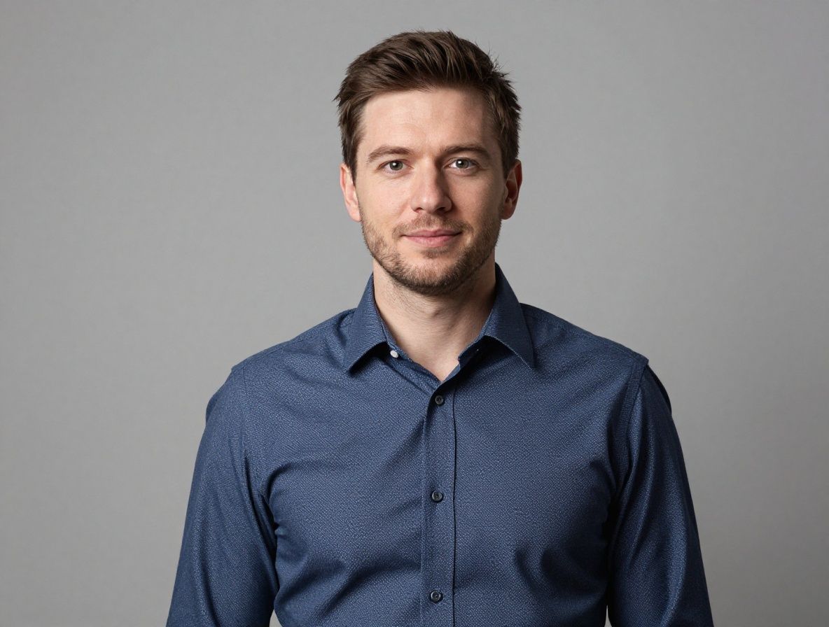 Мужчина 35 лет с короткой стрижкой в деловой рубашке, основатель технологической компании