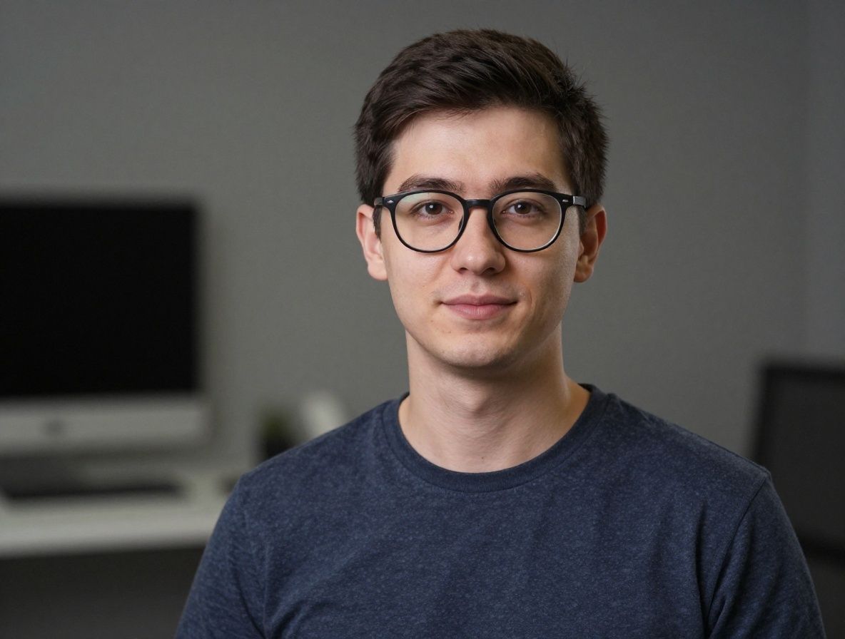 Мужчина 28 лет в очках и серой толстовке, дата-инженер с добродушной улыбкой